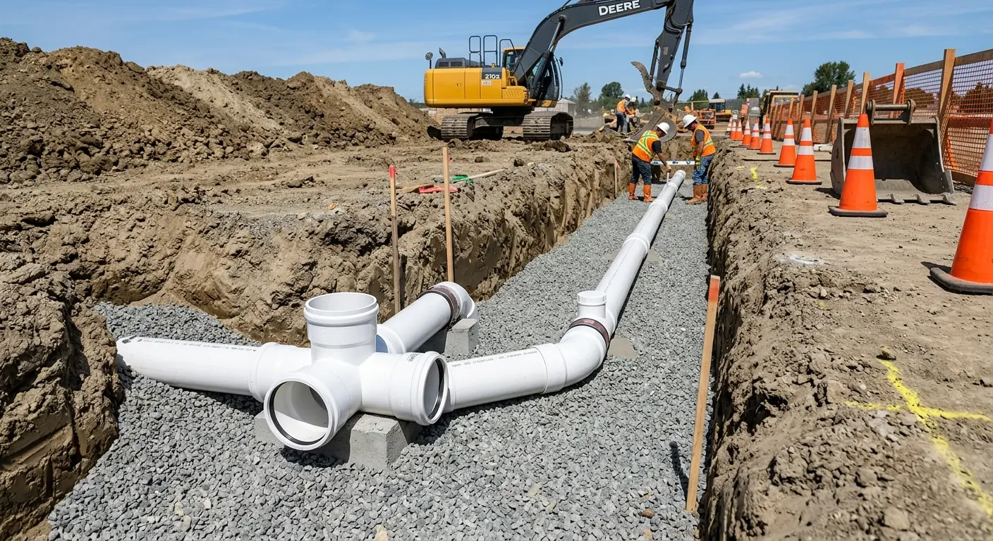 New PVC sewer pipe installation in open trench for Sewer Backup in Olyphant
