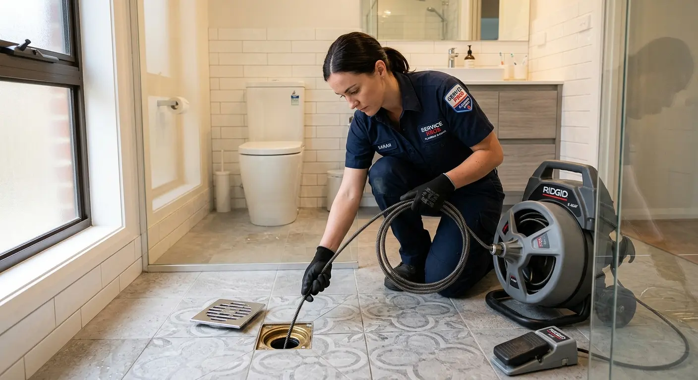Technician clearing a bathroom floor drain for Sewer Line Replacement in Olyphant